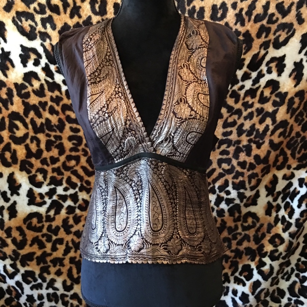 Silk backless top with metallic embroidery
